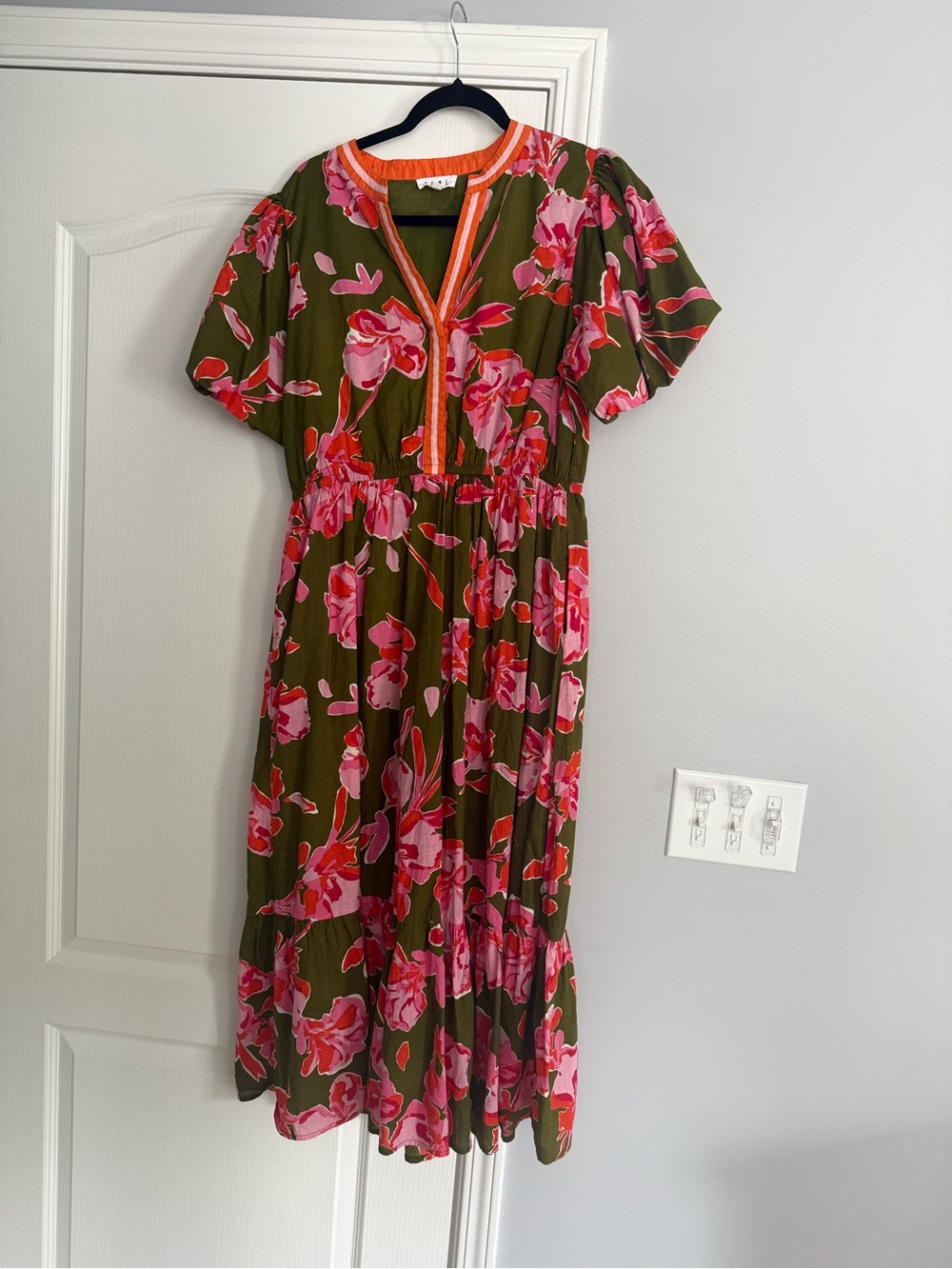 THML Green Floral Midi Dress with Pink Blooms